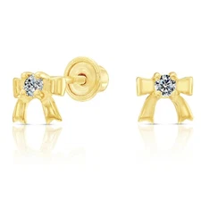 10K Real Solid Yellow Gold Ribbon Bow CZ Sleeper Studs Earrings Screw-back