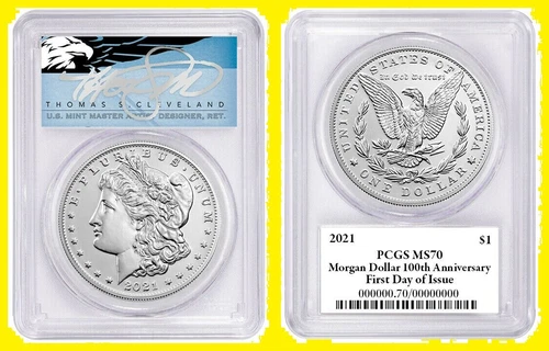 2021 Morgan P Silver Dollar MS70 PCGS 100th Anniversary FDOI T Cleveland blue