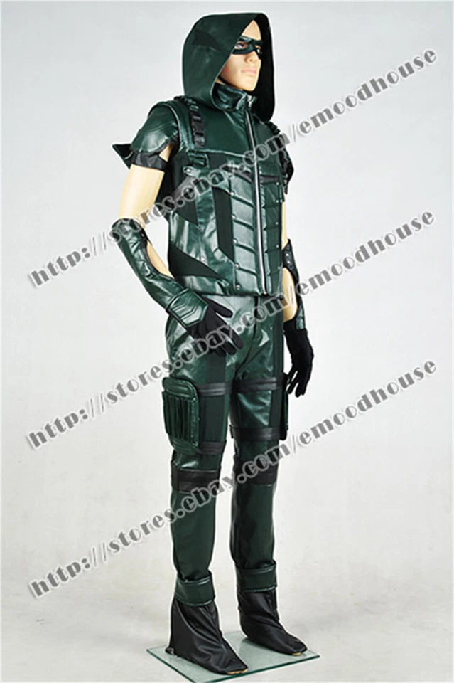 Serie de TV Flecha Verde Cosplay Oliver Queen Disfraz Para Hombre Cuero Verde Conjunto Foto 3 de 4