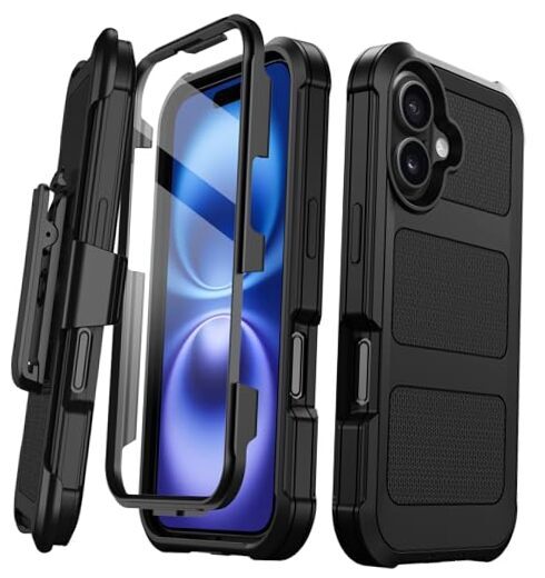 for iPhone 16 Case, [Built-in Screen Protector] Military Grade Drop Black