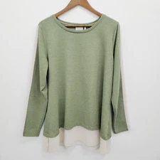 LOGO Lori Goldstein Lounge Long Sleeve Tunic Top Size L Green Cream Chiffon Hem