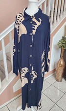 NWOT BLOOMCHIC Blue Beige Collared Long Sleeve Rayon Midi Shirt Dress Sz 22/24