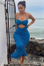 Fashion Nova Coming In Ruched Maxi Dress - Blue Teal Size Large L NWT gown