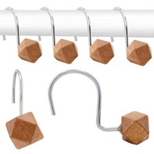 12 PCS Decorative Shower Curtain Hooks Wood Polygon Rings Modern Silver