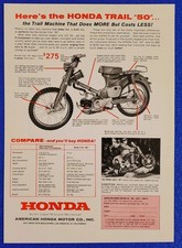 VINTAGE 1962 HONDA TRAIL 50 MOTORCYCLE ORIGINAL PRINT AD "DOES MORE COSTS LESS"