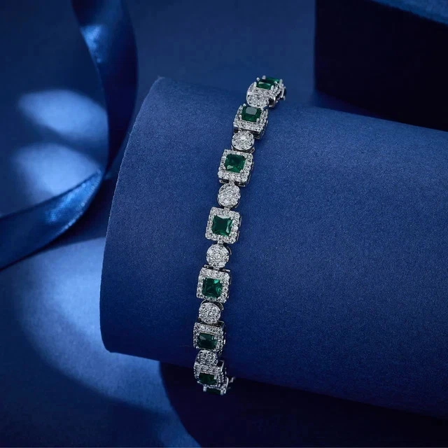 17Ct Princess Cut Lab Created Green Emerald Tennis Bracelet 14K White Gold Pated - Image 2 of 4
