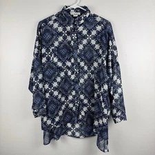 SANS SOUCI Womens Sheer button up shirt blouse Blue Boho Geometric - S