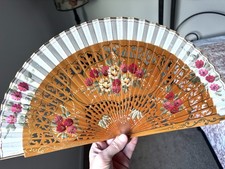 VTG Abanicos Guzman Hand Painted Wooden Floral Hand Fan Valencia Spain Signed