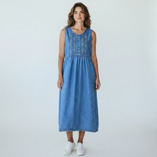 Vintage Denim Prairie Western Farmcore Dress M Maxi Embroidered Cottage Boho