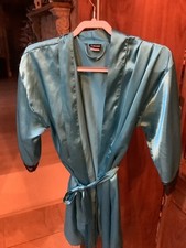 Fredericks of Hollywood Teal Blue satin short robe with black lace trim Small
