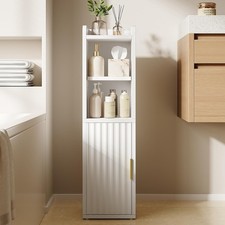 Fluted Small Bathroom Storage Cabinet Narrow Toilet Cabinet White