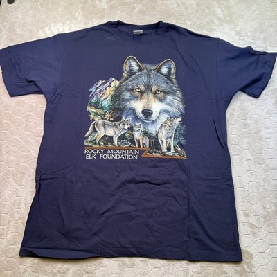 VTG Rocky Mountain Elk Foundation Wolf Shirt Sz XXL Blue Anvil 90s See Pics