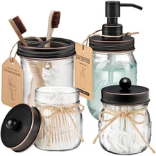 Amolliar Mason Jar Bathroom Accessories Set 4 Pcs - Lotion Dispenser, Qtip, Toot