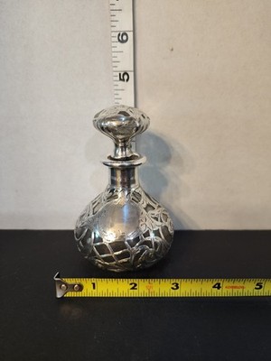 Art Nouveau Style Glass Perfume Bottle Encased In 0.999 Fine Silver