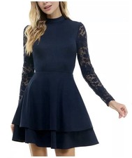 City Studio Juniors Womens Mock Neck Lace Sleeve Fit & Flare Mini Dress Navy 3/4