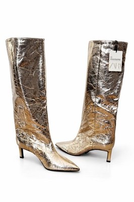 ZARA Metallic Stiefel Gr. 40 Neu Etikett Crinkle Optik Pointed Toe Kitten Heel