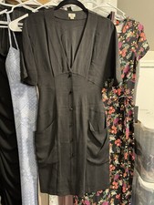Wilfred Black Silk Woven Mini Dress V-Neck Button Front Short Sleeve Pockets 0