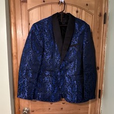 Men's Blue/Black Floral Jacquard Tuxedo Suit Jacket 3XL One-Button Shawl M969