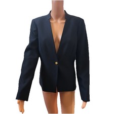 Calvin Klein Textured Open Front Jacket Gold Button Blazer Navy Blue NWOT 8