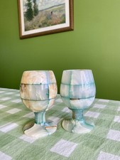 Pair Of Onyx Marble Green Cut Goblets Wine Glasses Unique 
