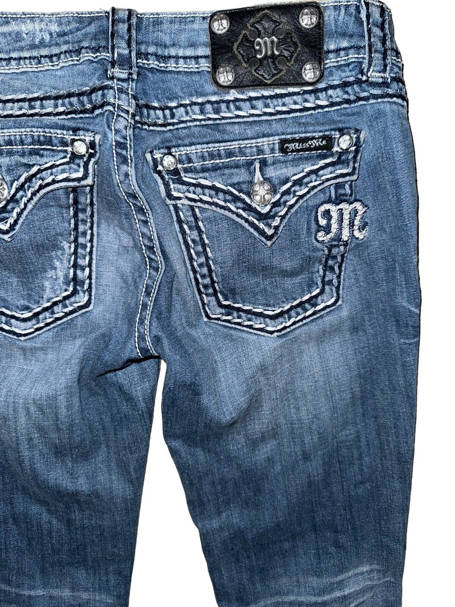 Miss Me Buckle Denim Rhinestone Distressed Sexy Bootcut Jean Flap
