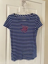 TALBOTS Women Sz PM Short Sleeve Stripe Beaded Pink Fish ￼Pull Over Top Blouse