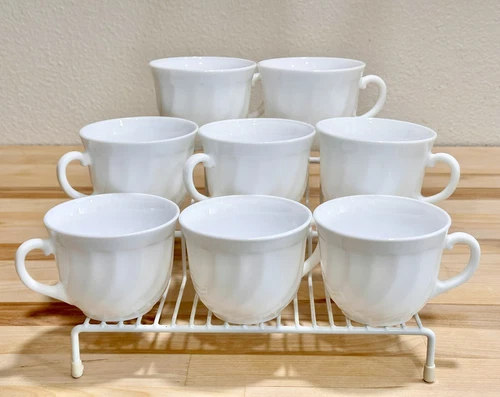 ARCOPAL FRANCE Vintage White Milk Opaline Sturdy Swirl Coffee Tea Cups Set Of 8