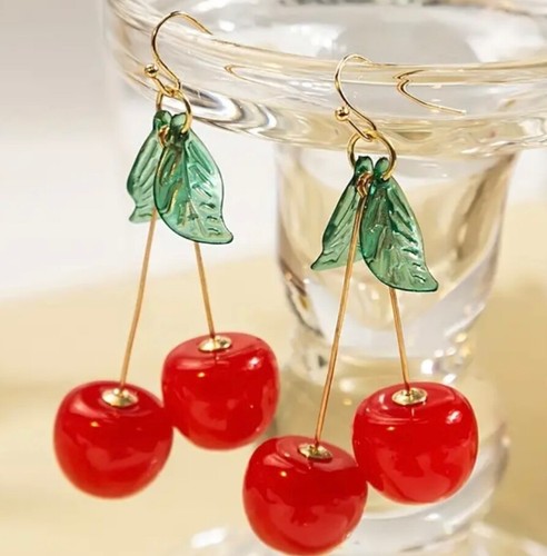 Cherry Dangle Earrings 3D Resin Lightweight Red Cherries Leaves Rockabilly Retro - Picture 3 of 4