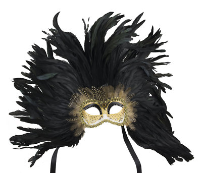 Mask from Venice Colombine Face Feathers Of Rooster Black Golden 