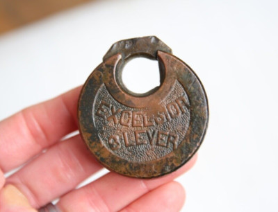 Antique Excelsior 6 Lever Brass Padlock No key vintage old lock chest tool box