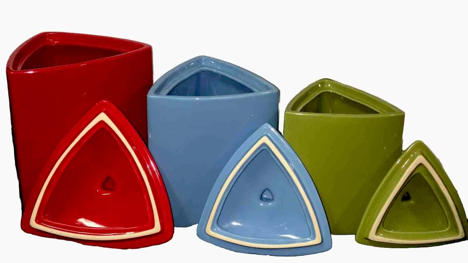 Oneida De Colección MCM Buffalo China Triángulo Juego de 3 Botes Rojo Azul Verde Usado en Excelente Condición Raro Foto 3 de 4