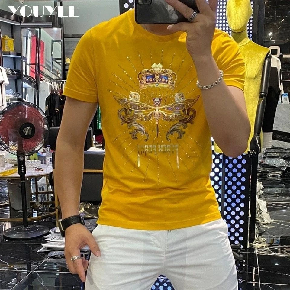 New Fashion Rhinestone Short Sleeve Luxury Men summer T-Shirt