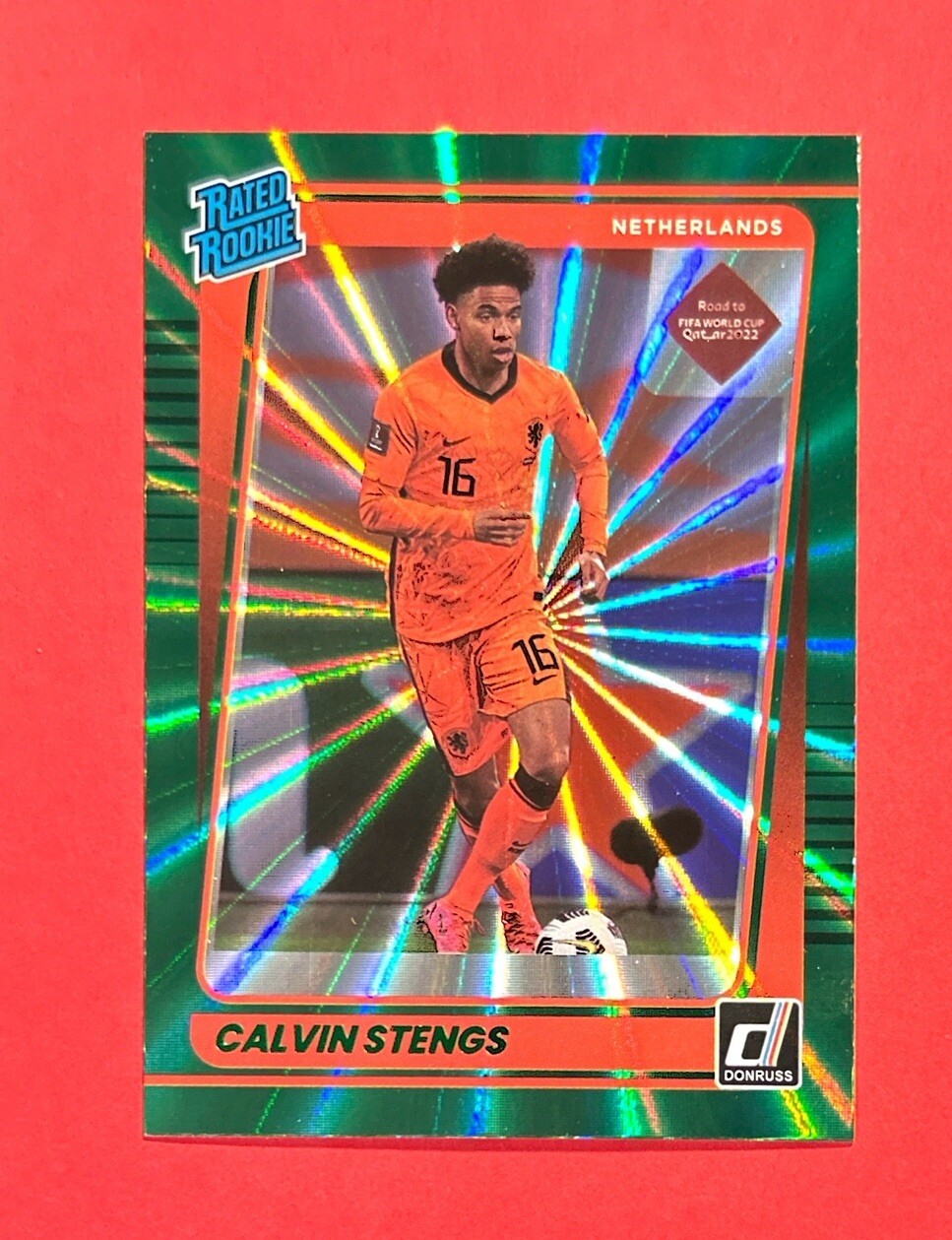 Calvin Stengs ~ 2021-22 Donruss Road to Qatar/ Rated Rookie Green Holo Laser 186