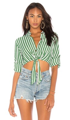 Faithfull The Brand Beau Rivage Top $119 M 6 Zeus Stripe Green White Tie Front