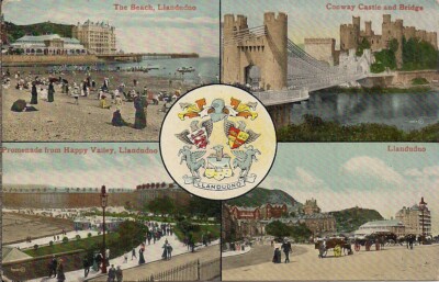 SEHR SCHÖNE SELTENE ALTE 4 ANSICHTEN POSTKARTE - LLANDUDNO - CAERNARVONSHIRE 1913 Heraldik