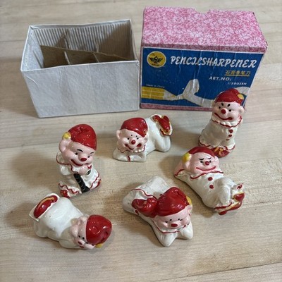 Vintage Set 6 Figural Clown Pixey Pencil Sharpener Ceramic Terracotta Art No.744