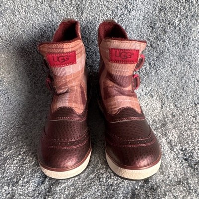 UGG Plaid Waterproof Snow Boots Textile Leather Burgundy Buckle Accents
