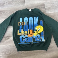 Vintage 1997 Looney Tunes Tweety Bird "Do I Look Like I Care" Green Sweatshirt M