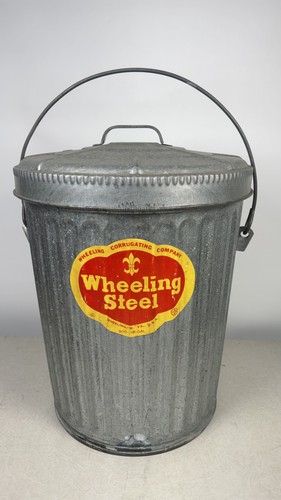 Vintage Wheeling Steel 10 Gallon Galvanized Corrugated Trash Can Storage Bin