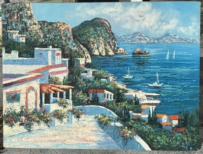 Original Mediterranean Seaside Oil Painting European Artist Signed Italian Coast