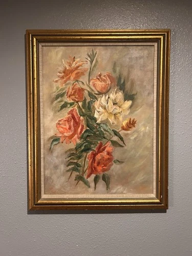 Vintage Oil On Canvas Still Life Flowers In A Gilded Frame. Inscription On Back