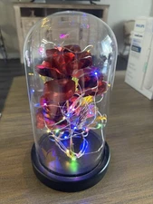 Red & Gold Rose Flower In Dome Glass LED Light Gift, Valentine, Wedding Decor 