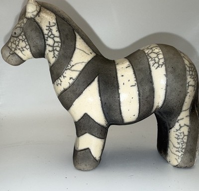 Vintage South Africa Black & White ZEBRA Fenix Raku Pottery Statue Signed 6x4