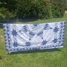 Vintage Blue White Blanket Sawtooth Star Patchwork 92x85 Cottage