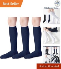 Knee High Socks Girls 3 Pairs Cable Knit Cotton Navy Casual Long Tube