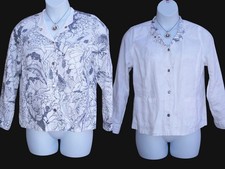 Chico's 160 Twill Box Jacket REVERSIBLE Linen Jacket size 2 L 12 14 Bird Monkey