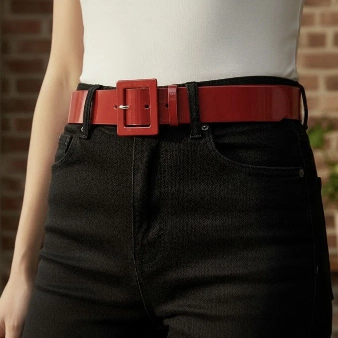 Nine West Black Patent Leather Belt with Glossy Rectangular Buckle Up to 37” Wide Woven Patent Leather Best Glossy Leather Belt  main image 2