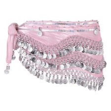 Belly Dance Hip Scarf 59x11" with 248 Silver Coin, Pink