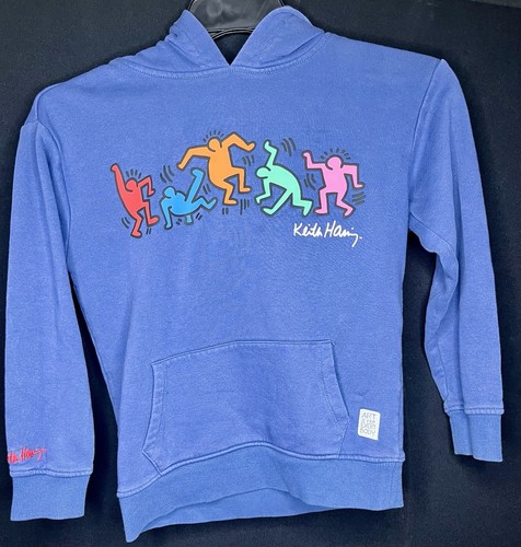 Keith Haring Blue Graphic Print Dancing Figures Hoodie Pullover Pocket, Kids L