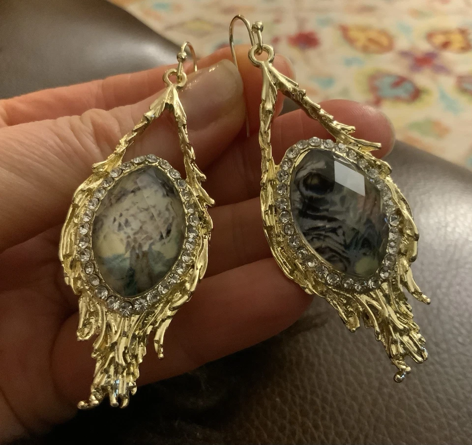 Brincos de penas vintage incompatível cabochão CZ Alexis Bittar ESTILO ouro art nouveau - Imagem 4 de 4